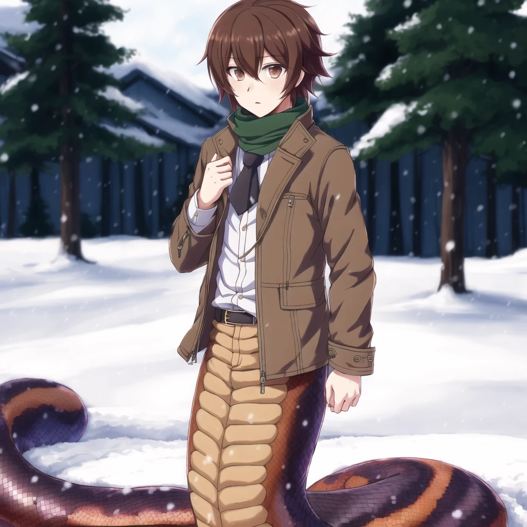 <lora:lamia-2_lamia-3__lamia-lamia-1--retro_ham_avas_jun_rifl--08-02:1.2>,
(lamia:1.2), scales,
full body,
, 1boy, ahoge, alternate costume, bangs, blurry, blurry background, brown eyes, brown hair, brown jacket, dangan ronpa \(series\), dangan ronpa 2: goodbye despair, evening, foreshortening, hand up, highres, hiiragi \(hiiragi dgrp\), jacket, long sleeves, male focus, open clothes, open jacket, outdoors, parted lips, scarf, short hair, snowing, solo