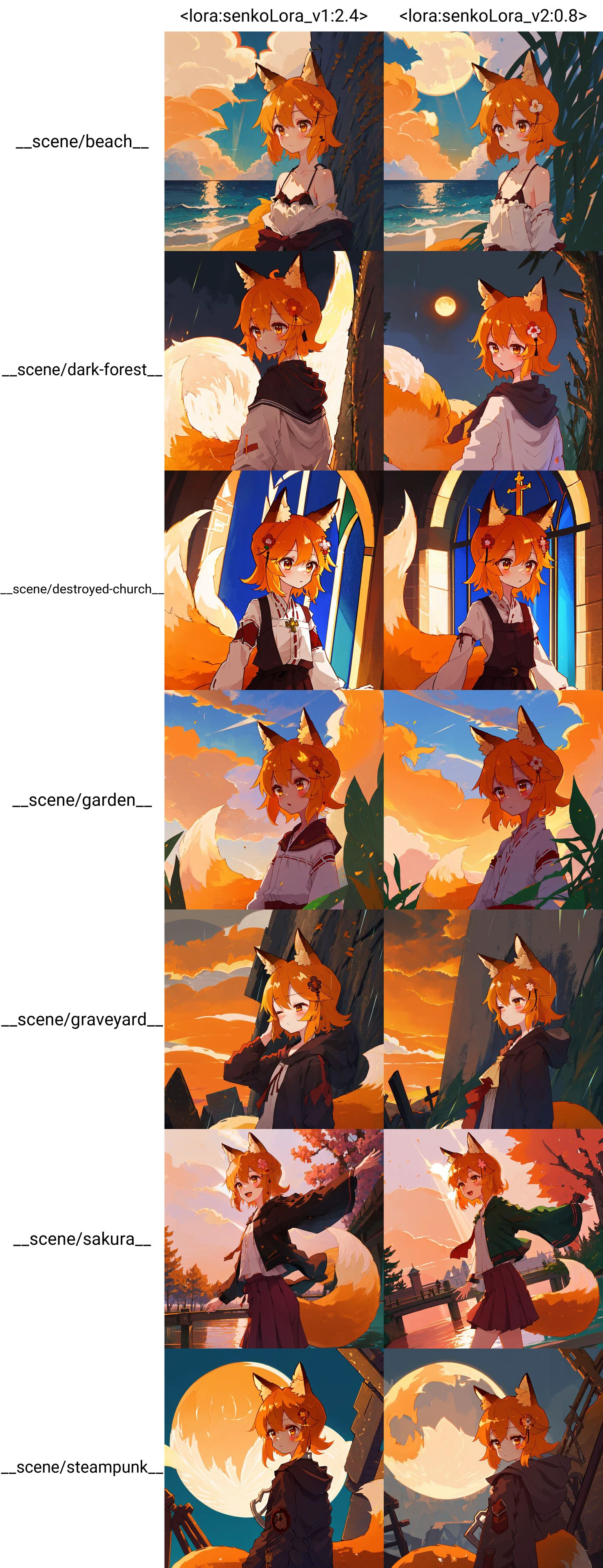 masterpiece, best quality, detailed background, cinematic lighting, sen, animal ears, fox ears, fox girl, fox tail, hair flower, hair ornament, orange eyes, orange hair, short hair, tail, flat chest, 1girl, solo, sea, ocean, beach, cloudy, sunrays, dusk, moon, cloud, sky, outdoors, cloudy sky, leaf, ruins, sunbeam, post-apocalypse, side view, <lora:senkoLora_v1:2.4>