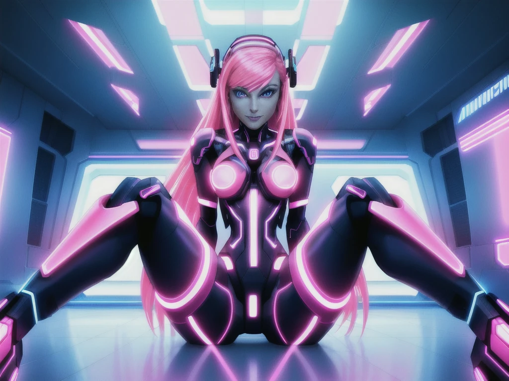 best quality, masterpiece, female in a futuristic setting, in a room, featuring pink, light blue and neon lights, wearing a futuristic outfit and sitting in a relaxed position, sci-fi world with advanced technology, pink hair, long hair, glowing eyes, smile, perspective, holographic
