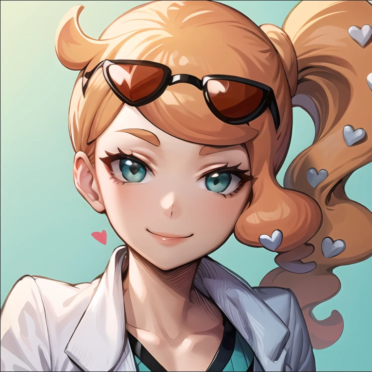 beautiful, masterpiece, best quality, extremely detailed face,  perfect lighting, 1girl, solo,  <lora:PokeSonia:0.9>, sonia \(pokemon\), green eyes, sunglasses, heart hair ornament, labcoat, ribbed shirt, smile, portrait