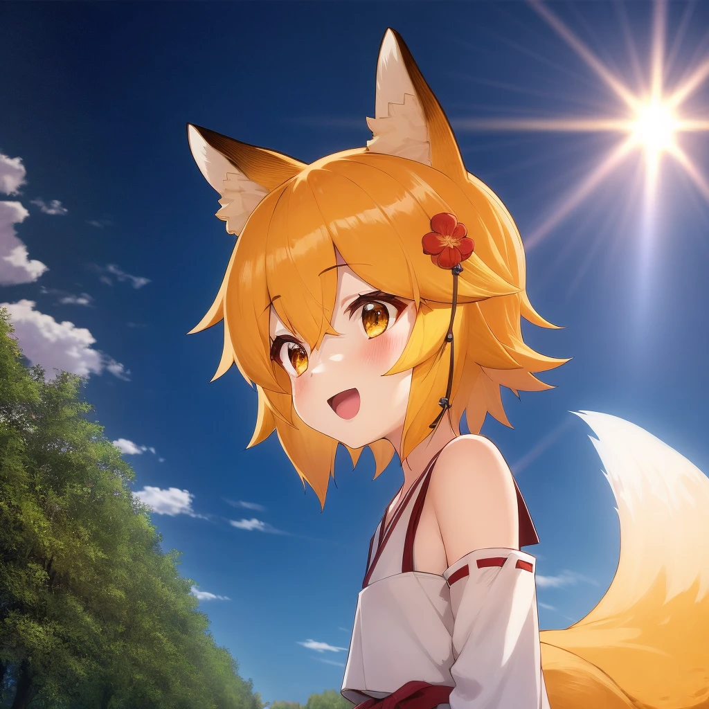 masterpiece, best quality, detailed background, cinematic lighting, sen, animal ears, fox ears, fox girl, fox tail, hair flower, hair ornament, orange eyes, orange hair, short hair, tail, flat chest, 1girl, solo, garden, outdoors, sunrays, cloud, sky, outdoors, cloudy sky, leaf, sunbeam, side view, happy, open mouth, <lora:senkoLora_v2:0.8>