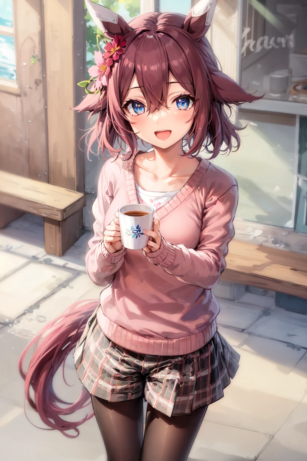 masterpiece, best quality
sakura chiyono o \(umamusume\),
smile, open mouth, holding cup, disposal cup,
collarbone, alternate costume, pink sweater, long sleeves, white shirt, floral print, casual, pantyhose, shorts, checkered skirt
<lora:sakura_chiyono_o_locon:0.7>