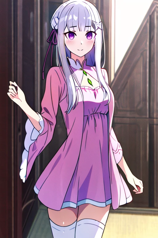 best quality, highres,ultra-detailed, solo_focus, <lora:EmiliaV3:1>, Emilia, alternate outfit morning, pink dress, short dress, red ribbon, zettai ryouiki, white thighhighs,