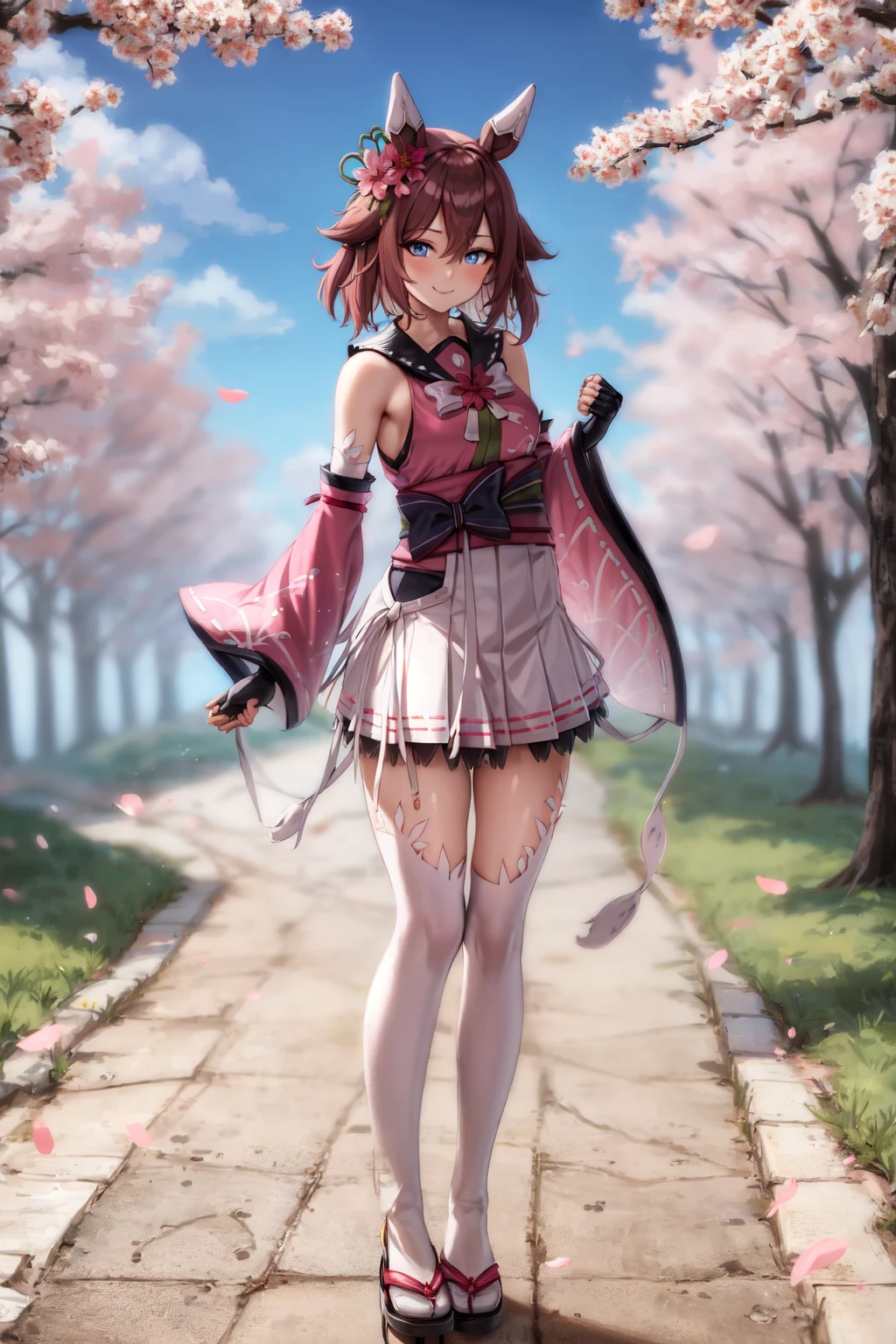 masterpiece, best quality
sakura chiyono o \(umamusume\),
full body, standing, cherryblossom, smile, looking at viewer, petal,
fingerless gloves, black gloves, collarbone, detached sleeves, wide sleeves, long sleeves, sleeveless, sailor collar, bare shoulders, japanese clothes, pink kimono, sash, obi, ribbon trim, pleated skirt, white skirt, white thighhighs, sandals
<lora:sakura_chiyono_o_lora:0.9>