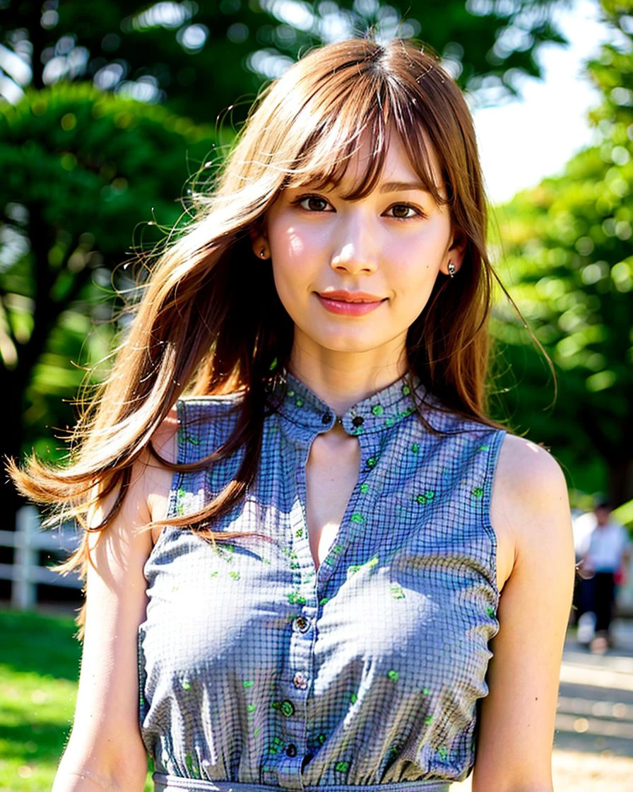 best quality, 1girl, (skindentation), huge breast, morning, (bright), bokeh, outdoor, (street:0.6), people, crowds, braided bangs, blouse, gorgeous, floating hair, (dynamic pose:0.6), soft lighting, charming, wind,  garden, sunlight, white light,   <lora:JAV_Tsumugi_v1.3:0.65>