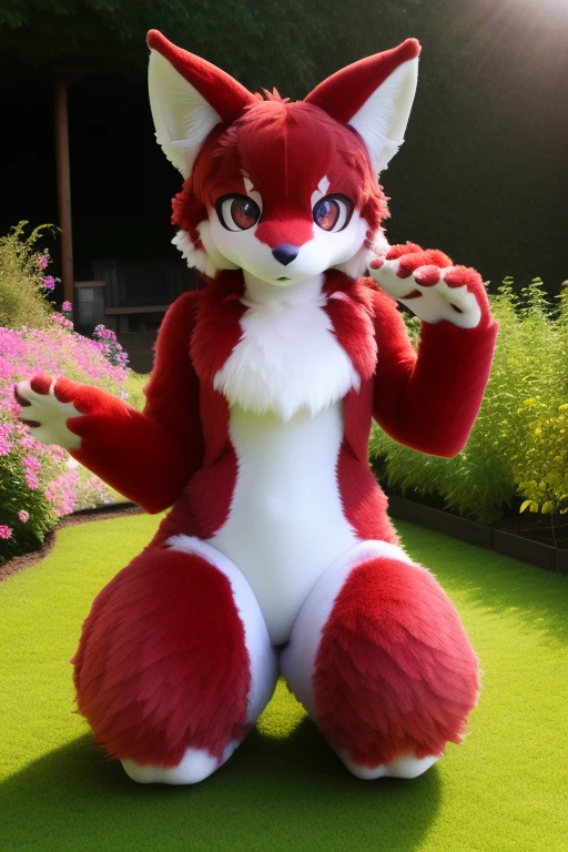 realistic, solo, furry, fursuit, charater, photorealistic, garden, flower,red rose, building, sunlight, waving, wind, full body, red fur,