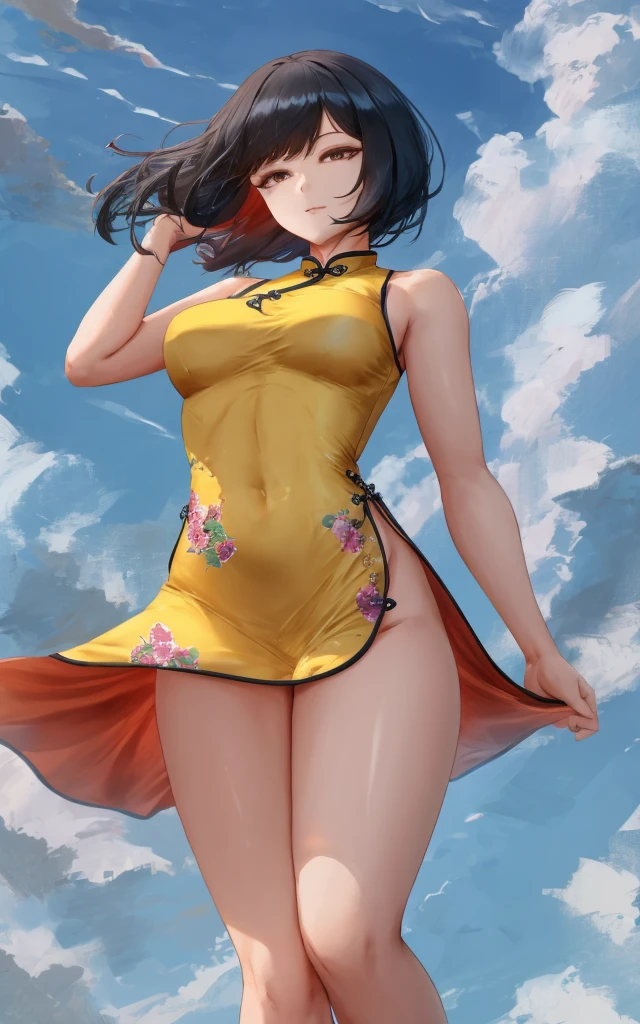 (full_body), (flying), chinese clothes, china dress, (shiny_skin), black hair, (floating_hair), yellow eyes, long_legs, cinematic, clouds, looking at viewer, from_below, best_quality, highly_detailed, 8k_uhd
