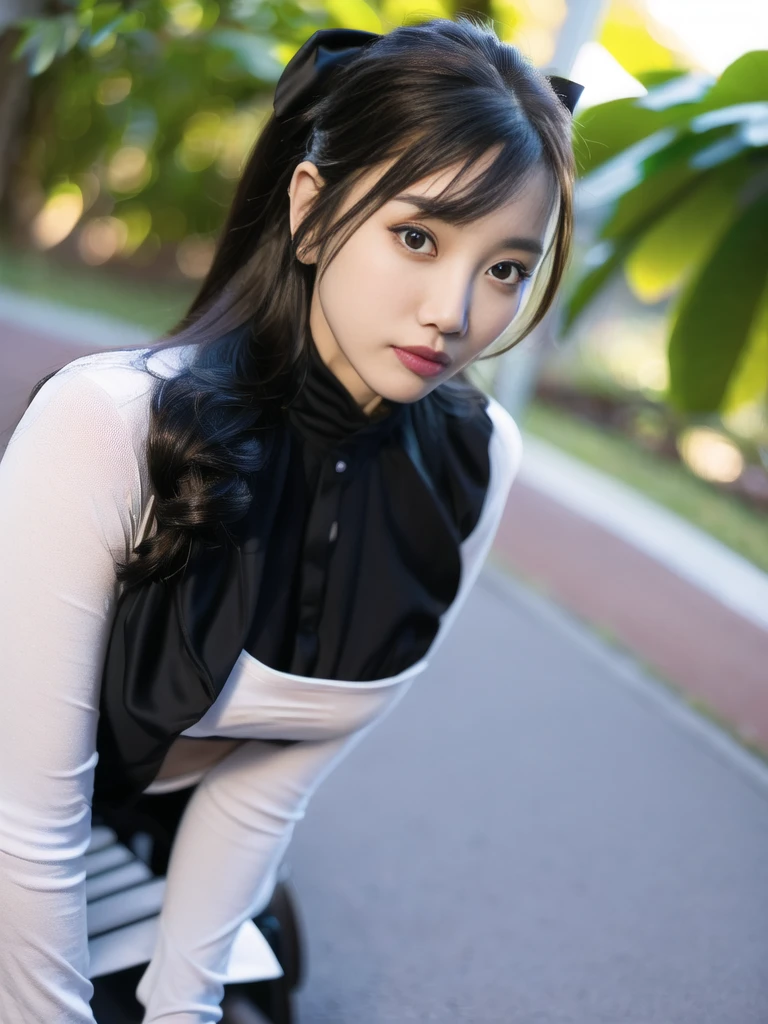 best quality, (photorealistic:1.2), 1girl, solo, shiny skin, detailed face, face focus, standing, black hair,(hair ornament:1.35), twintails, japanese clothes, ribbon-trimmed sleeves, detached sleeves, ribbon trim, wide sleeves, (looking at viewer:1.5) long hair, black eyes, bangs, underwear, lips,