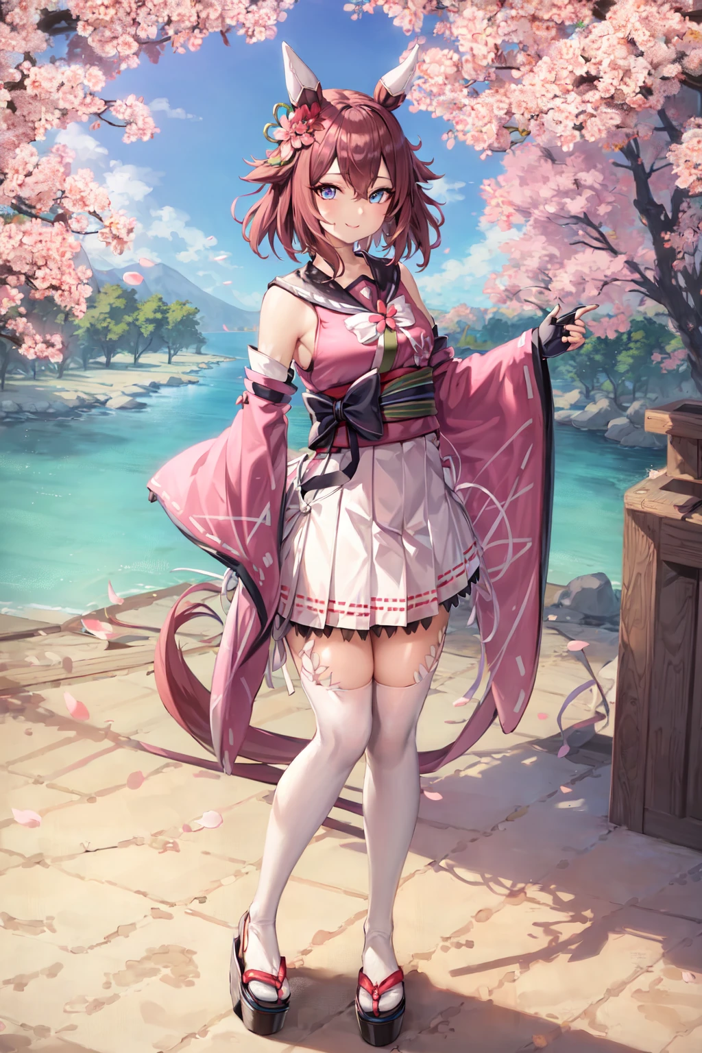 masterpiece, best quality
sakura chiyono o \(umamusume\),
full body, standing, cherryblossom, smile, looking at viewer, petal, 
fingerless gloves, black gloves, collarbone, detached sleeves, wide sleeves, long sleeves, sleeveless, sailor collar, bare shoulders, japanese clothes, pink kimono, sash, obi, ribbon trim, pleated skirt, white skirt, white thighhighs, sandals
<lora:sakura_chiyono_o_locon:0.7>