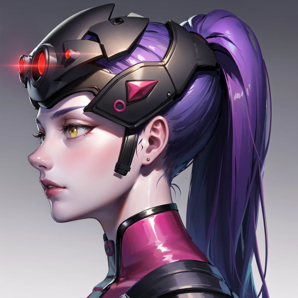 1girl,widow-normal,head-mounted display,purple skin,colored skin,yellow eyes,pink bodysuit,ponytail,purple hair,parted lips,rifle,portrait,(masterpiece:1.4),(best quality:1.4),(shiny skin)