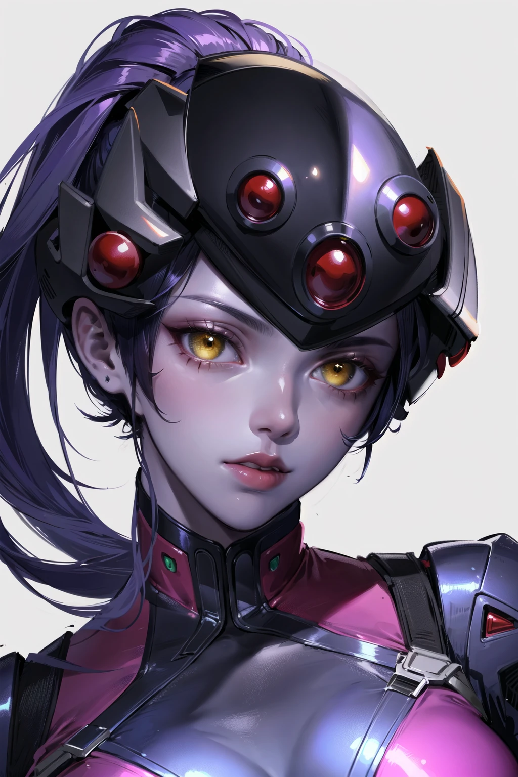 1girl,widow-normal,head-mounted display,(purple skin),colored skin,yellow eyes,pink bodysuit,ponytail,purple hair,parted lips,rifle,portrait,(masterpiece:1.4),(best quality:1.4),(shiny skin)