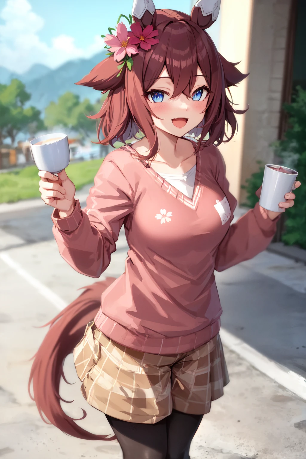 masterpiece, best quality
sakura chiyono o \(umamusume\),
smile, open mouth, holding cup, disposal cup,
collarbone, alternate costume, pink sweater, long sleeves, white shirt, floral print, casual, pantyhose, shorts, checkered skirt
<lora:sakura_chiyono_o_lora:0.9>