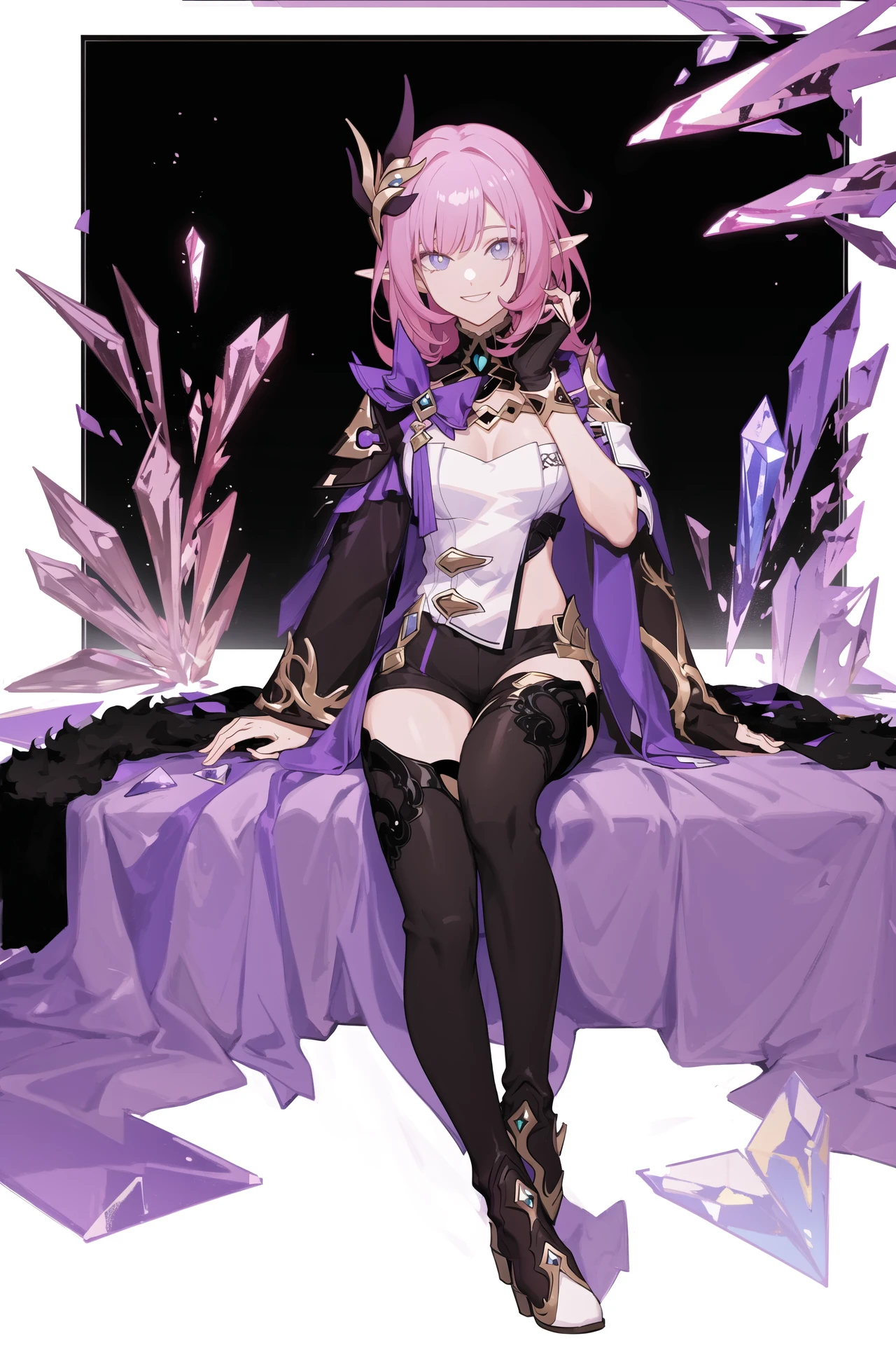 (masterpiece, flat color, colorful:1.0), (best quality:1.2), (ultra highres:1.1), 1girl
elysia \(miss pink elf\) \(honkai impact\), crystal, looking at viewer, smile, thigh boots,