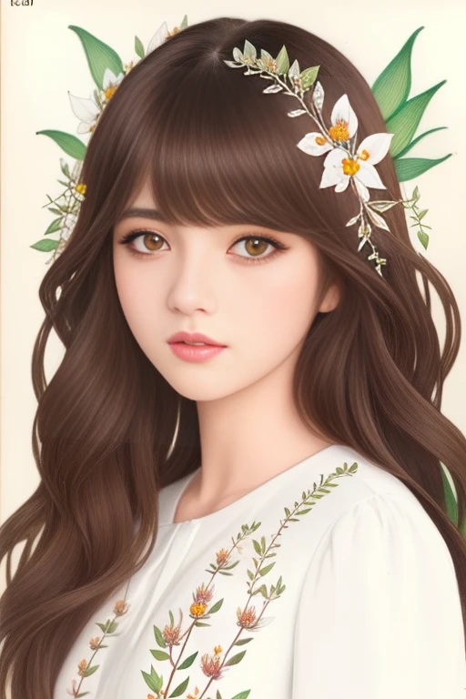 masterpiece,best quality, upper body protrait of (Wsxff:1.3), brown long wavy hair, bangs, big eyes, parted lips, black eyes,, Sketch, masterpiece, best quality, extremely detailed, 1girl, full body, beautiful detailed eyes, cute anime face, full body, beautiful detailed face, white hair, (Botanical illustration:1.5), white dress