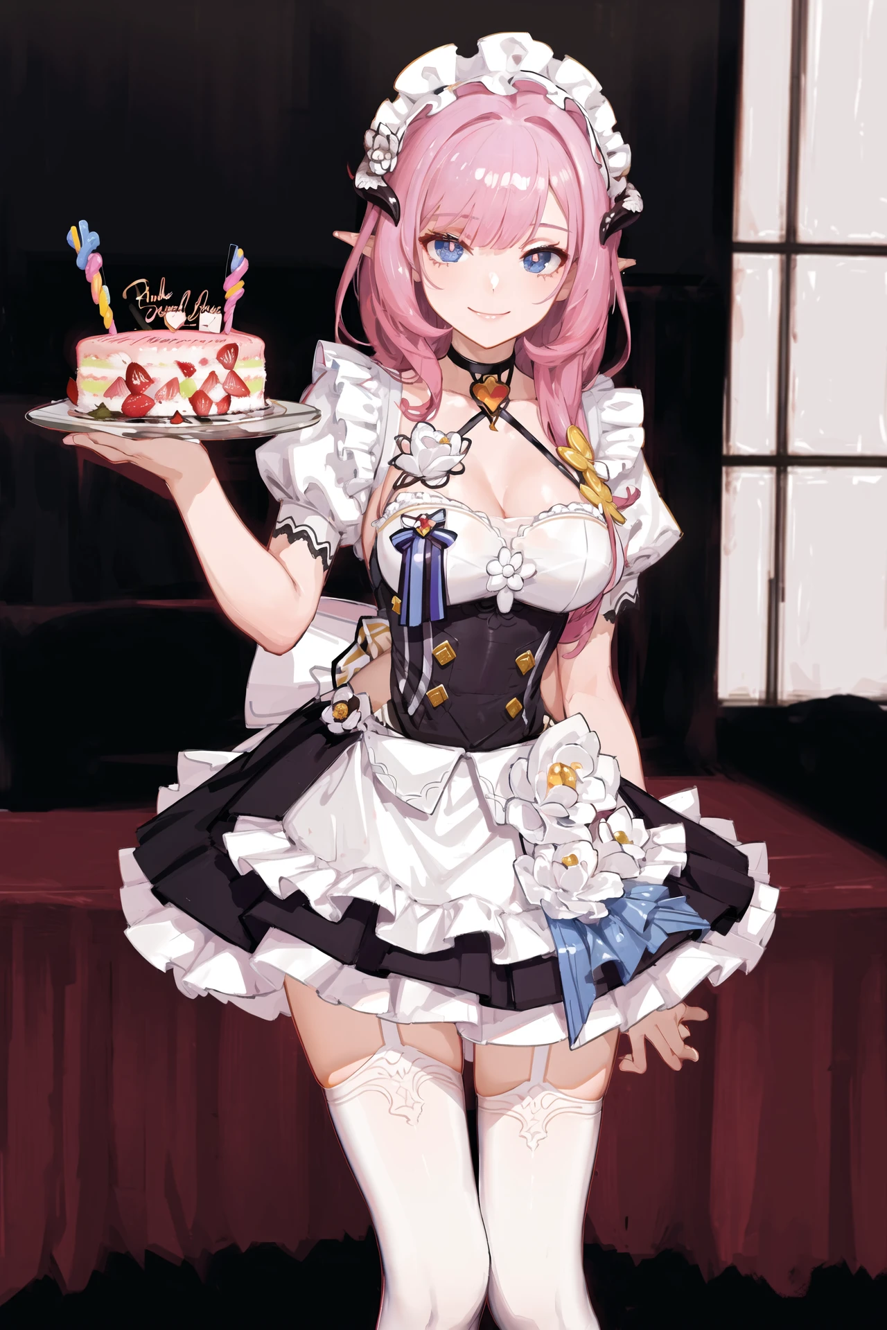 (masterpiece, flat color, colorful:1.0), (best quality:1.2), (ultra highres:1.1), 1girl
elysia-maid, restaurant, looking at viewer, cake, smile, white thighhighs, garter straps, maid apron, maid headdress, depth of field,