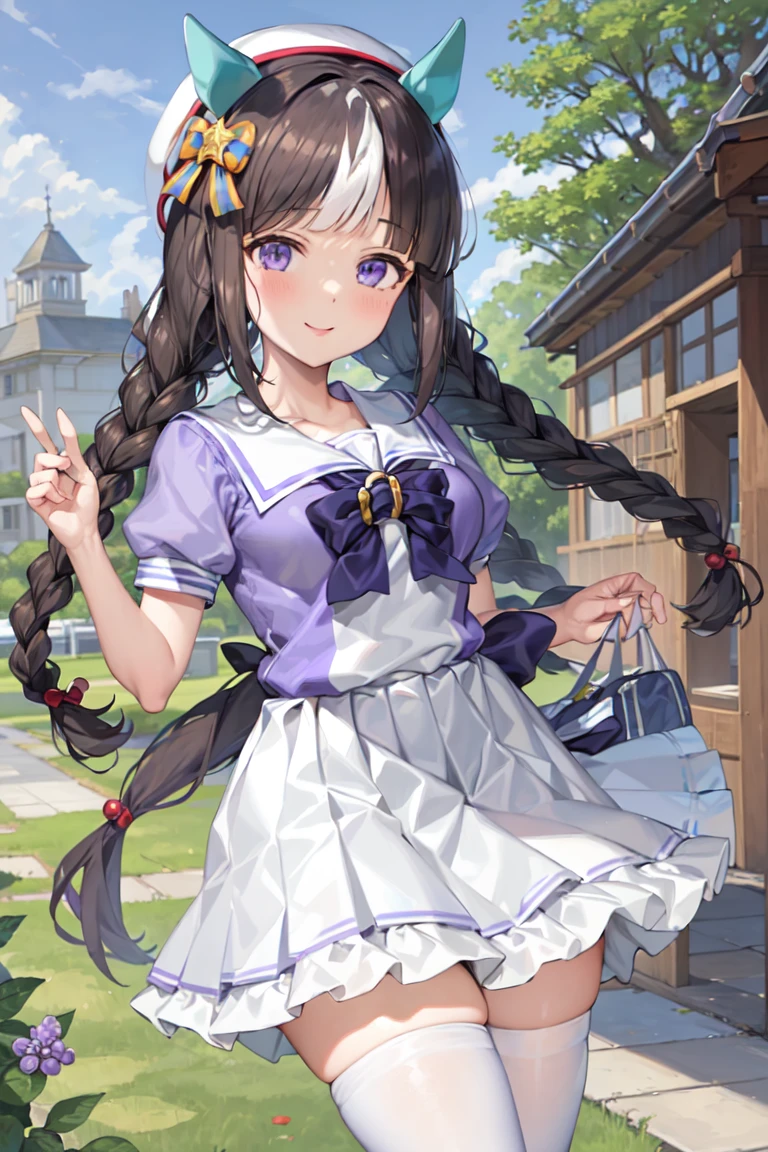 masterpiece, best quality,
hukko tarumae \(umamusume\),
smile,
tracen school uniform, white thighhighs, summer uniform, pleated skirt, purple shirt, horseshoe ornament, puffy short sleeves, zettai ryouiki, serafuku, sailor shirt, purple bowtie
 <lora:hukko_tarumae_lora:0.8>