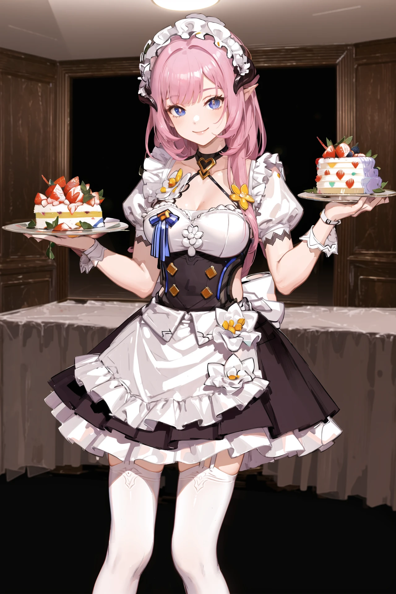(masterpiece, flat color, colorful:1.0), (best quality:1.2), (ultra highres:1.1), 1girl
elysia-maid, restaurant, looking at viewer, cake, smile, white thighhighs, garter straps, maid apron, maid headdress, depth of field,