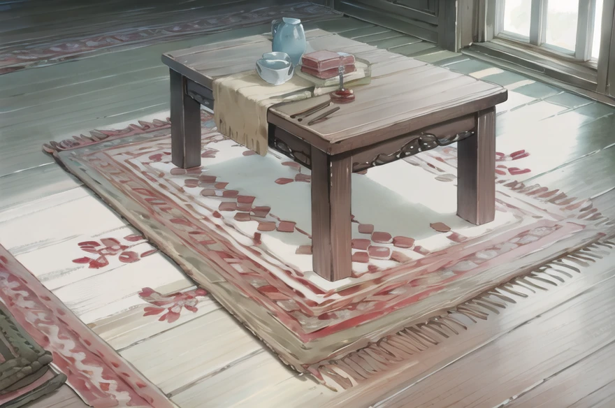 howlbgs, window, rug, table, wooden floor, <lora:howlbgs:1>