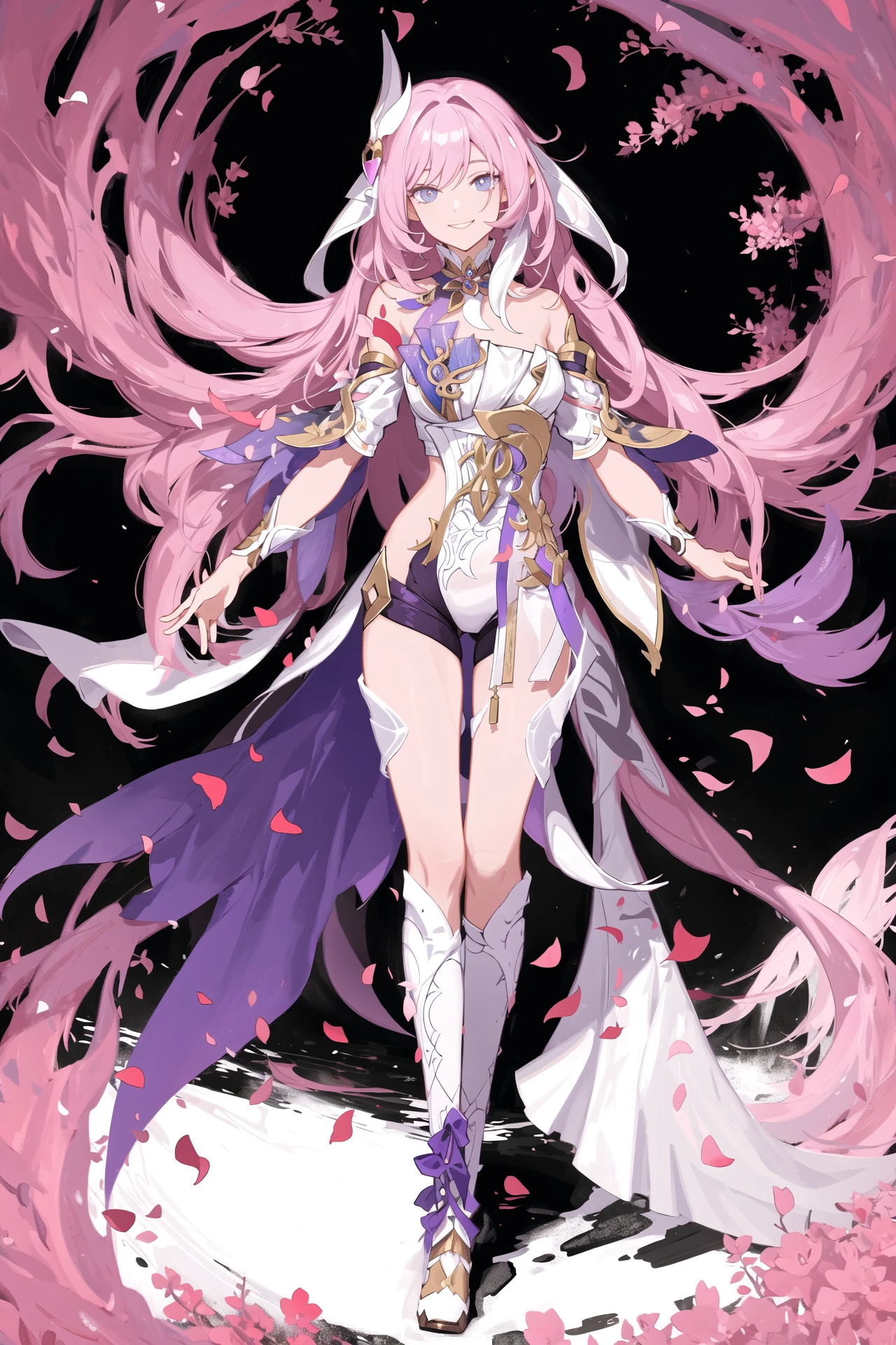 (masterpiece, flat color, colorful:1.0), (best quality:1.2), (ultra highres:1.1), 1girl
elysia \(herrscher of human:ego\) \(honkai impact\), light smile, petals, fantasy,