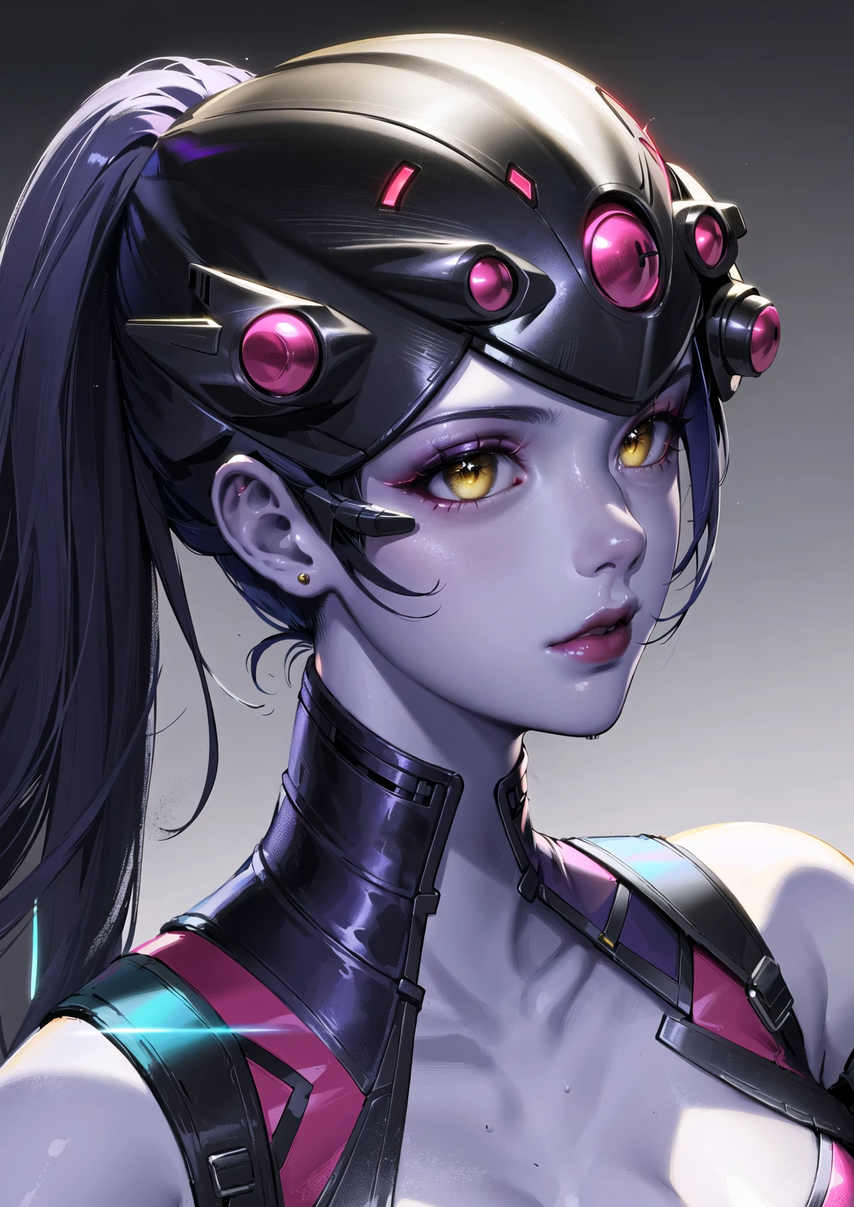 1girl, bodysuit, closed mouth, collarbone, colored skin, ponytail,hair pulled back, head-mounted display, red lips, long hair, looking at viewer, makeup,bodysuit, ponytail, purple lips, purple skin, solo,cyberpunk,citscape,portrait, widow-normal, yellow eyes,(masterpiece:1.4),(best quality:1.4),(shiny skin)