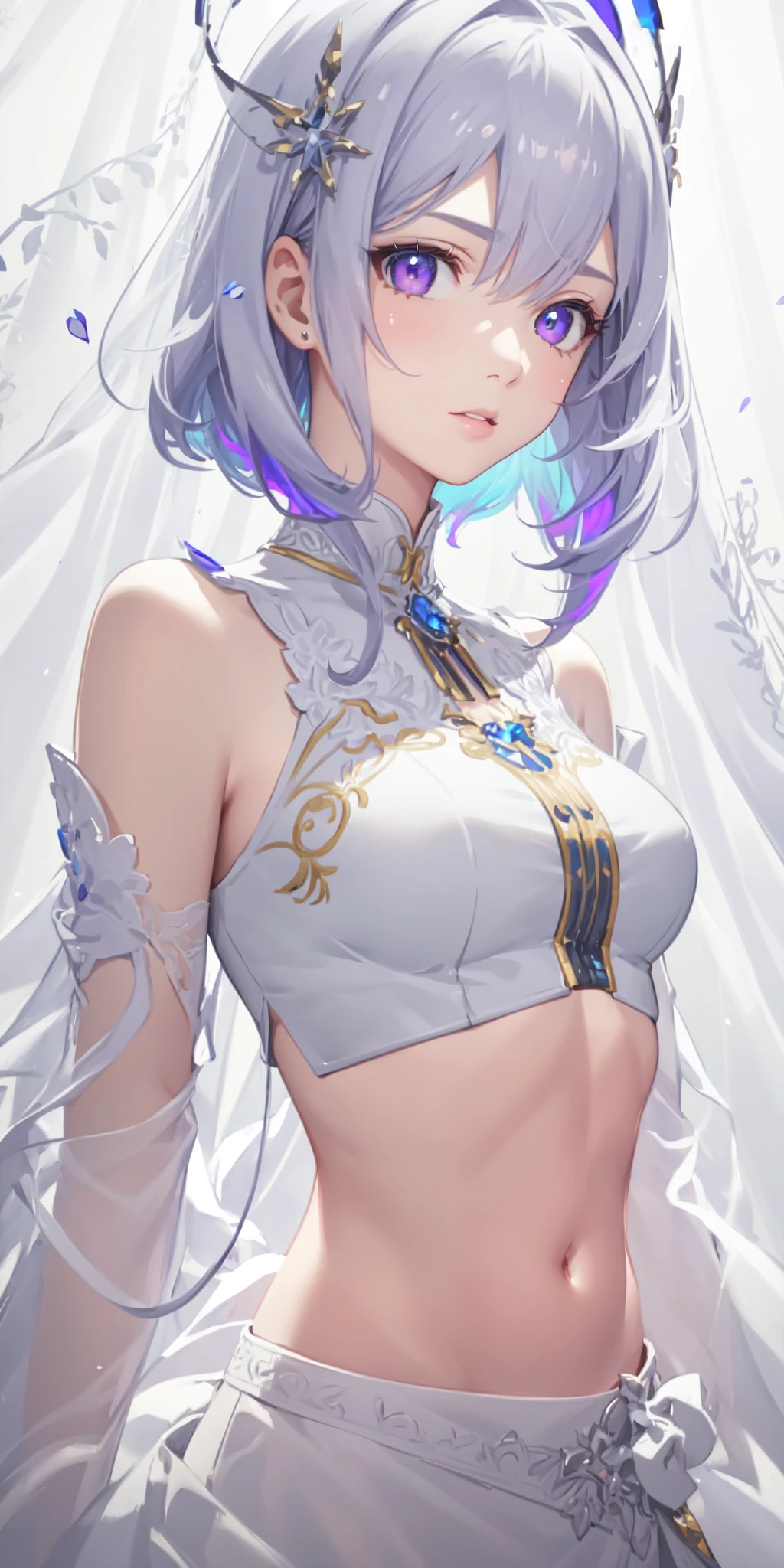 highres, highest quallity, illustration, cinematic light, ultra detailed, detailed face, (detailed eyes), best quality, hyper detailed, masterpiece, (detailed face), white hair, purple eyes, highest details, luminous eyes, medium breats, black halo, white clothes, backlighting, (midriff:1.4), light rays, (high contrast), (colorful),
