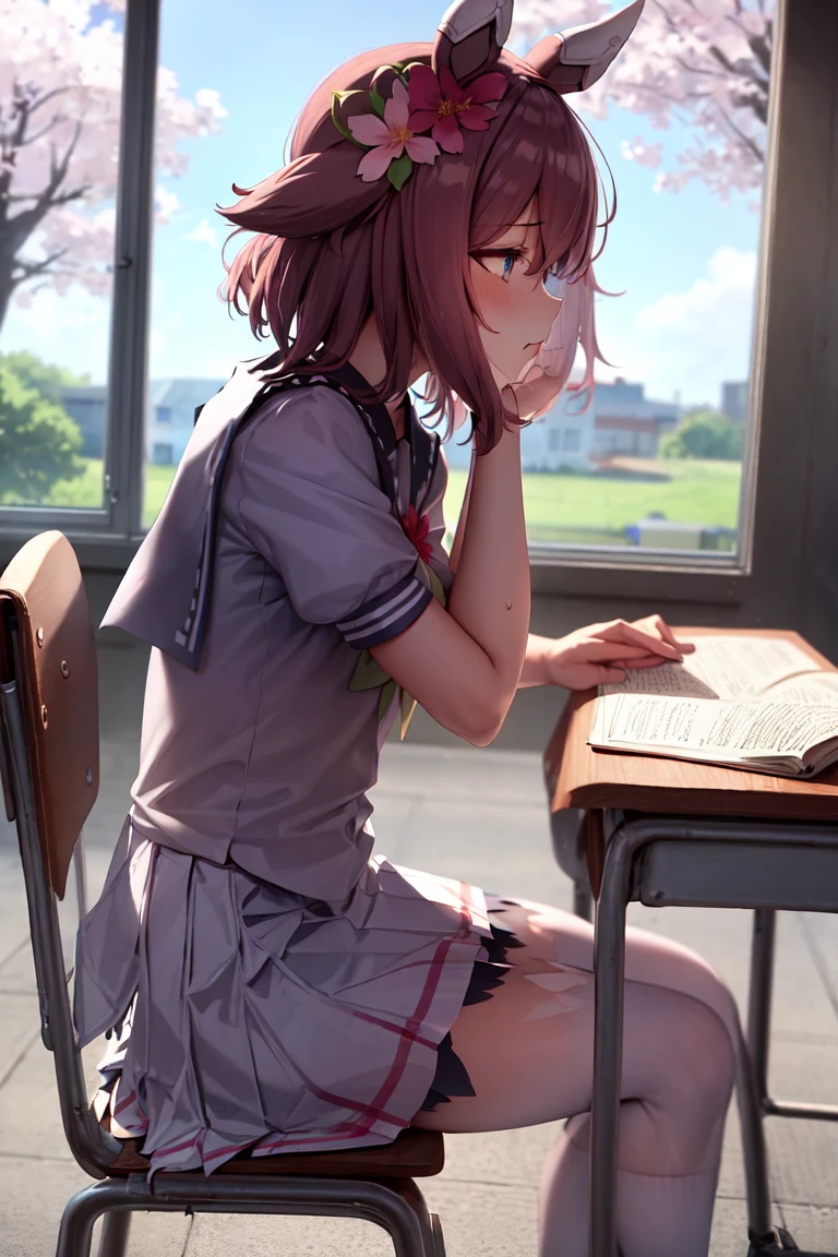 masterpiece, best quality
sakura chiyono o \(umamusume\),
looking afar, profile, from side,
sitting, chair, table, classroom, cherry blossom, window,
tracen school uniform, purple shirt, pleated skirt, puffy short sleeves, white skirt, summer uniform, frilled skirt, sailor collar, sailor shirt, miniskirt, frills
<lora:sakura_chiyono_o_lora:0.9>