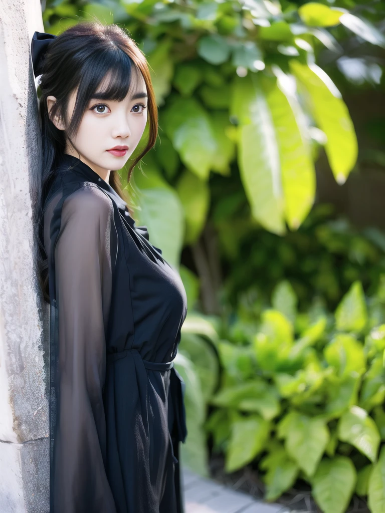 best quality, (photorealistic:1.2), 1girl, solo, shiny skin, detailed face, face focus, standing, black hair,(hair ornament:1.35), twintails, japanese clothes, ribbon-trimmed sleeves, detached sleeves, ribbon trim, wide sleeves, (looking at viewer:1.5) long hair, black eyes, bangs, underwear, lips,