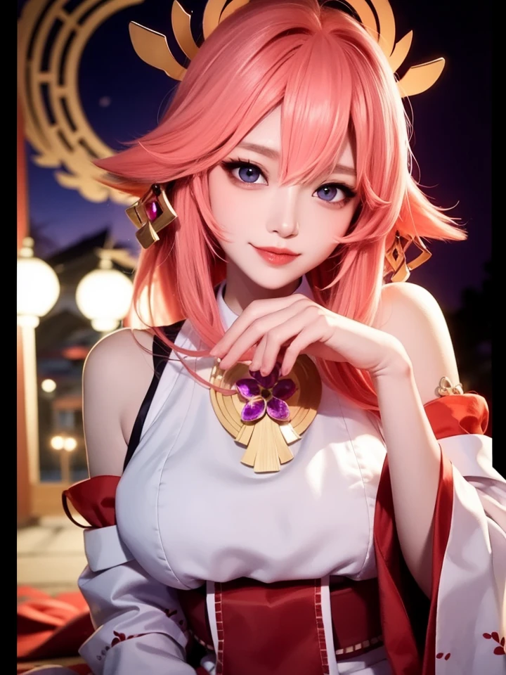 1girl, (ulzzang-6500:0.7), kpop idol, yae miko, detached sleeves, bare shoulders, pink hair, long hair, japanese clothes, best quality, (painting:1.5), (hair ornament:1.35), jewelry, purple eyes, earrings, breasts, torii,  cherry blossoms,  lantern light, depth of field, detailed face, face focus, ribbon_trim, (looking at viewer:1.25), nontraditional miko, shiny skin, long sleeves, smile, thick lips, game cg, hands on lips, east asian architecture, (blurry background:1.2), sitting, upper body,