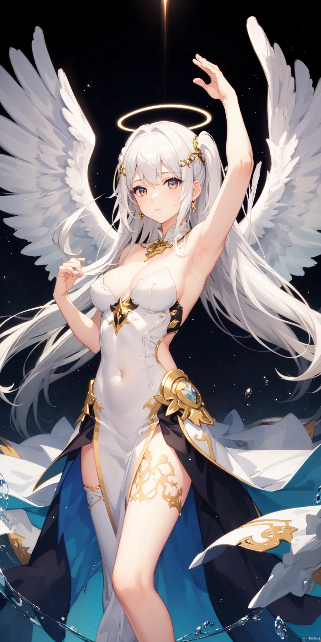 ultra-detailed, illustration,heaven background, 1girl, white hair, golden eyes, long hair, halo, angel wings, serene expression, looking at viewer, arms up,