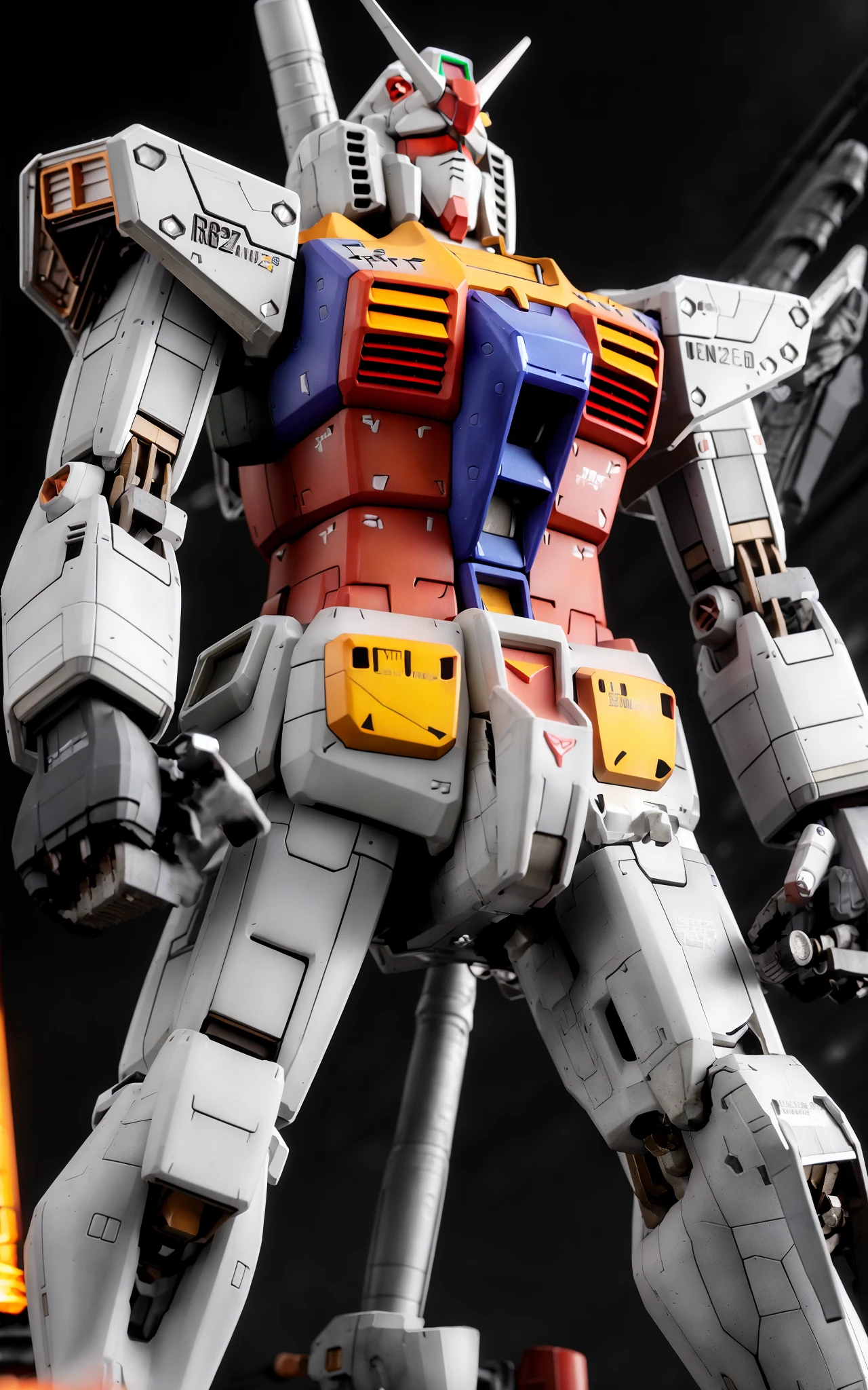 <lora:GundamRX78:0.8> a giant (Gundam rx78 1.2) robot with a gun in its hand and Shield in the middle of the battlefield; (Upper Body1.2), and ruins, sparks, and flames surround it, Steel, edge rust, and edge wear, (extremely detailed CG unity 8k wallpaper), realistic, masterpiece, highest quality, ((scifi)), lens flare, ((light sparkles)), unreal engine, digital painting, Style-TronLegacy-8v-B, trending on ArtStation, trending on CGSociety, Intricate, High Detail, dramatic, realism, beautiful and detailed lighting, shadows <lora:itrobo2022Highly_12Lora:0.4> <lora:epicdiffusionLora300_epicdiffusionLora300:0.4> opt-6000