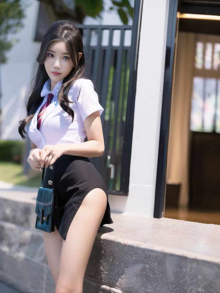 best quality, ultra high res, (photorealistic:1.4), 1girl,solo, full lips, a sultry gaze, school uniform, A sexy student might possess a confident and alluring demeanor, showing a sense of self-assurance and charisma that draws people towards them.She has a toned and fit physique, and carry themselves with poise and grace. Her clothing and style might be fashionable and tasteful, accentuating their best features while maintaining a sense of class and elegance.