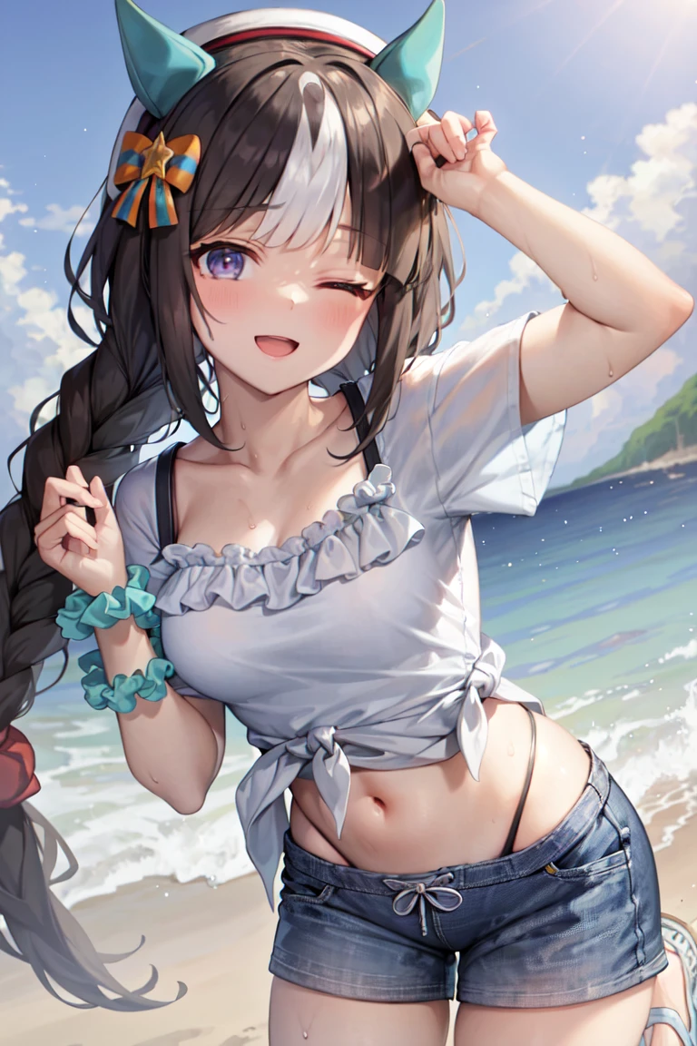 masterpiece, best quality,
hukko tarumae \(umamusume\),
side-tie shirt, side-tie, from below, leaning forward, blue sky, black shorts, short shorts, beach, navel,
sandals, one eye closed, white shirt, open mouth, short sleeves, standing on one leg, smile, arm up, wrist scrunchie
 <lora:hukko_tarumae_lora:0.8>