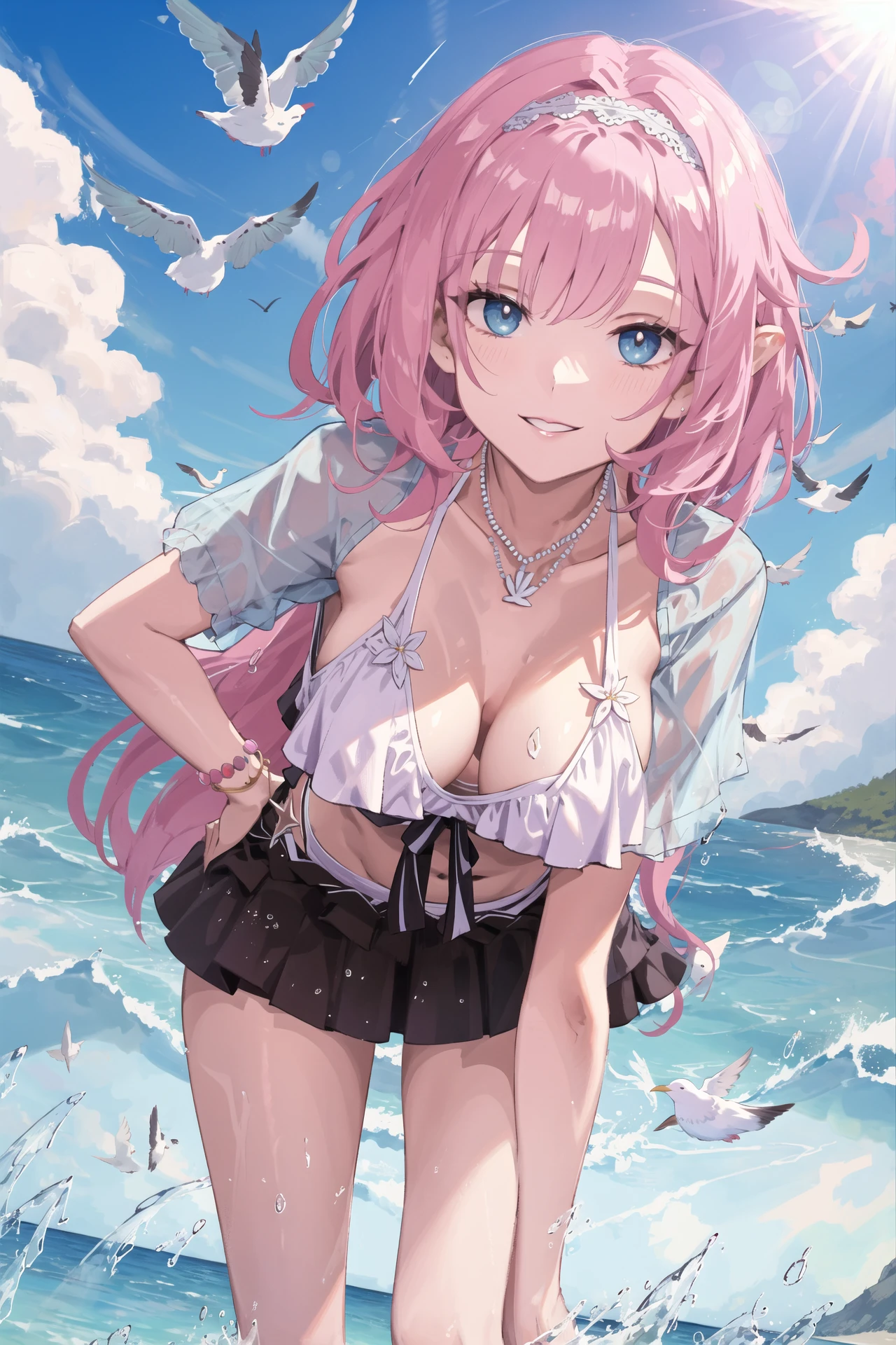 (masterpiece, flat color, colorful:1.0), (best quality:1.2), (ultra highres:1.1), 1girl
elysia-swimsuit, hairband , parted lips, smile, blue sky, water, splashing, seagull, playing, looking at viewer,
leaning forward, downblouse, large breasts,