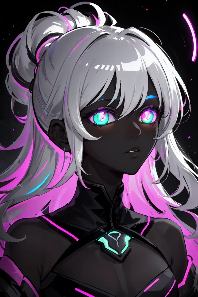 (close-up), portrait, portrait, (solo), (dark skinned:1.3), night time, dark, woman, small breasts, long hair, (grey hair) hair up, masterpiece, best quality, clothes

high contrast, psychedelic, [[[lsd]]],  purple,  silver, particles, bloom, neon lighting, (glow), flat color, splashes of color, colors mashing