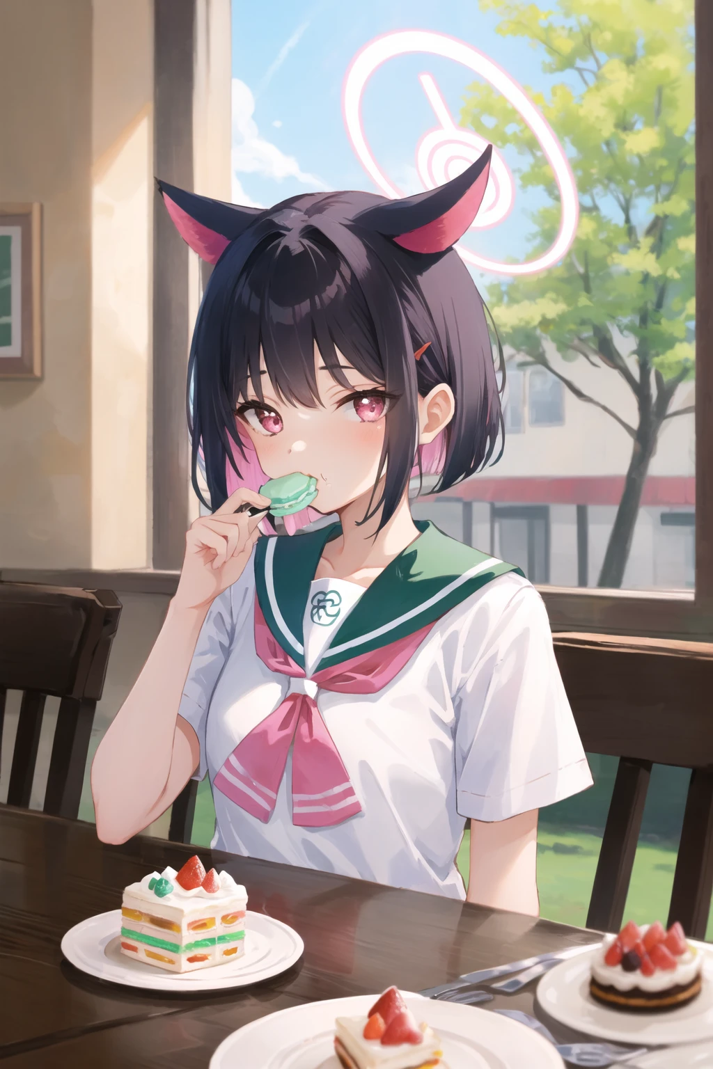 kazusa, 1girl, animal ears, colored inner hair, short hair, halo
white shirt, short sleeves, green sailor collar, pink neckerchief, 
blurry background, foreshortening
BREAK eating, :t, pout, looking at viewer, holding fork, food on face
pov across table, indoors, day, window, cafe, restaurant, upper body
plate, food, cake, macaron
<lora:chara-kazusa-v1c-16:1>,