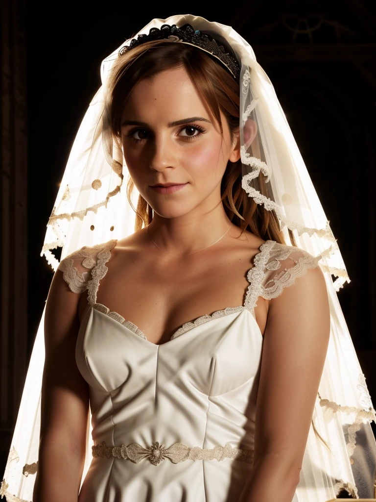 (((far shot:1))) full body photo of Emma Watson wearing a beautiful form fitting white wedding dress, (((veil))), long train, ((cleavage)), (((standing alone at the altar of a dark ancient church))), extremely high quality RAW photograph, detailed background, intricate, Exquisite details and textures, highly detailed, ultra detailed photograph, warm lighting, artstation, 4k, sharp focus, high resolution, detailed skin, detailed eyes, 8k uhd, dslr, high quality, film grain, Fujifilm XT3,