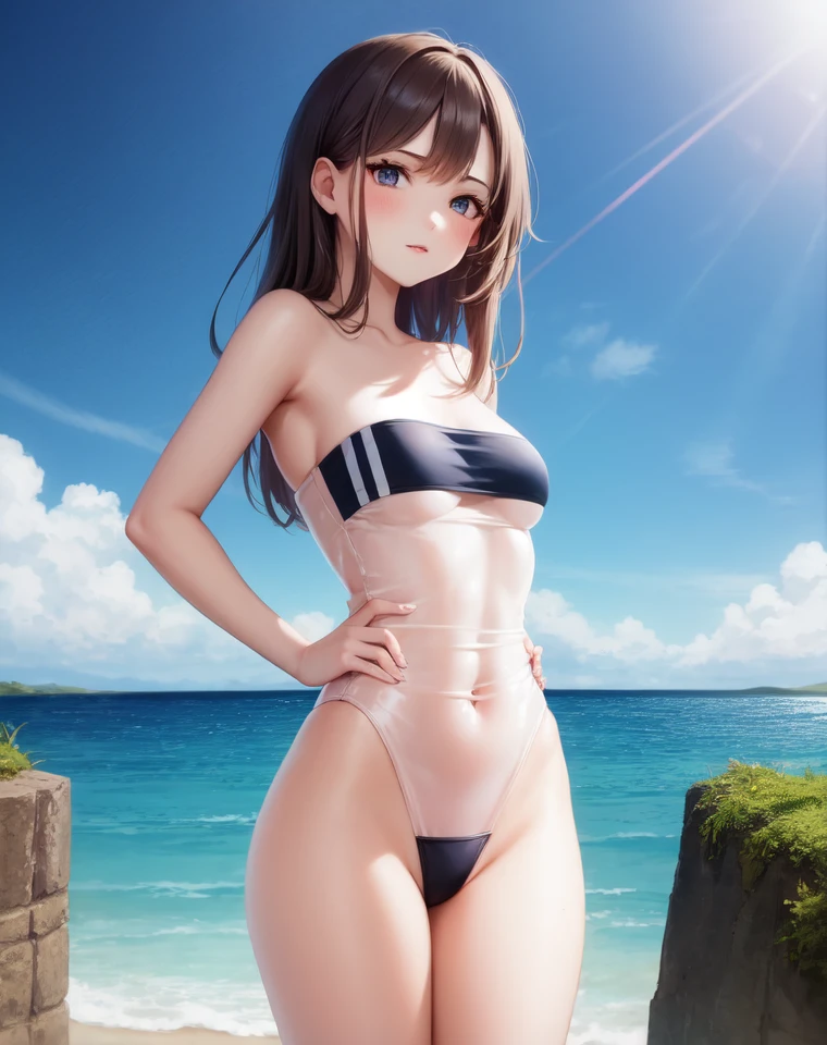 gris swimsuit, standing, outdoors, 1girl, solo, sea, sky, sunlight, cowboy shot,