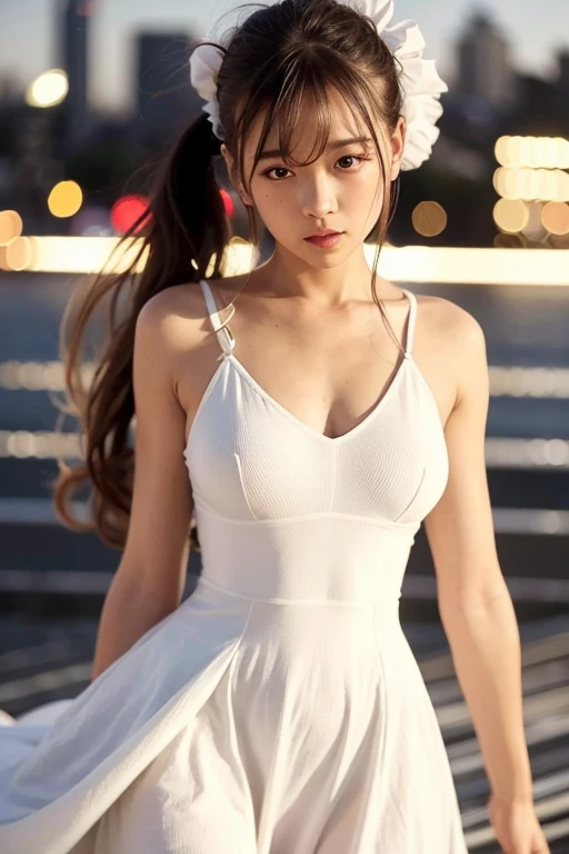 best quality, ultra high res, photorealistic, realistic, masterpiece, perfect lighting, colorful, 1girl, long white dress, long hair, ponytail, cute headband,city background, night time setting, arms behind back
, akinav1, <lora:akinaNakamori_v2:0.2>