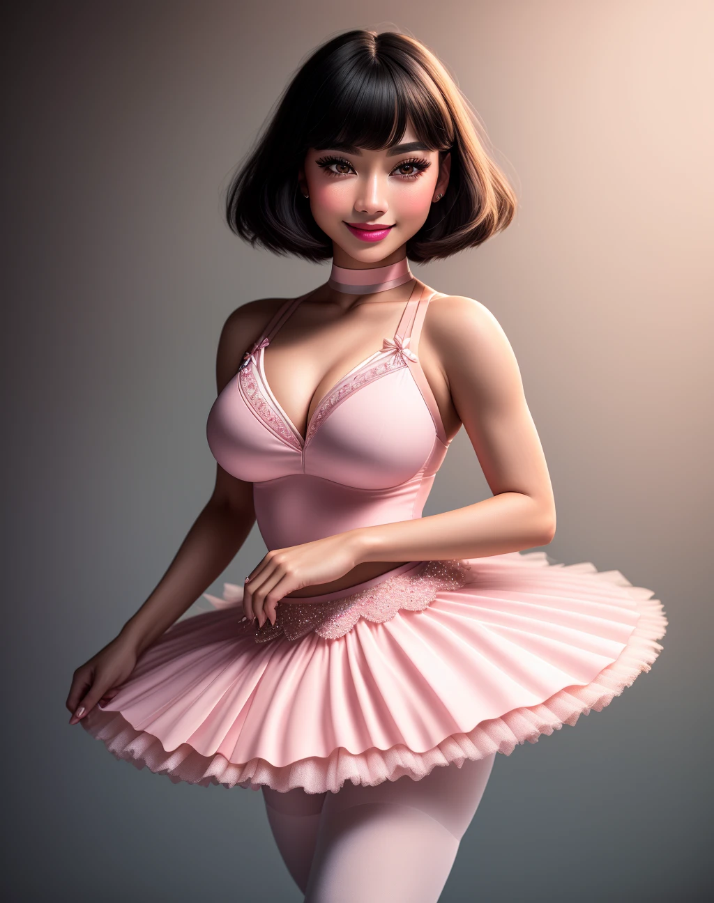 Masterpiece, high quality, 4K, beautiful design, shiny, from the front, award winning photo, extremely detailed, amazing, fine detail, absurdres, highly detailed ((dark haired haired Asian woman)), (((short hair))),extremely detailed eyes and face, by lee jeffries nikon d850 film stock photograph 4 kodak portra 400 camera f1.6 lens rich colors hyper realistic lifelike texture dramatic lighting unrealengine trending on artstation cinestill 800 tungsten,
1girl, solo, expressive look, (bob haircut, bob haircut with bangs, pink makeup on the nose,snub nose,snub nosed woman,smiling seductively,puffy lips, very detailed face, ulzzang-6500:1.255) HDR, highest quality, sexy tutu, sharp focus, looking at viewer, facing viewer, 4k,grey eyes beautifully detailed,a woman posing for a picture making a cute face,wearing a choker around the neck, facing the viewer, standing,(full body picture, visible tutu and skirt:1.3)
(big boobs:1.35)
Primaballerina_tutu, simplistic ballerina dress design,wearing a Primaballerina_tutu, ballerina posing <lora:Prima_Ballerina:0.75>