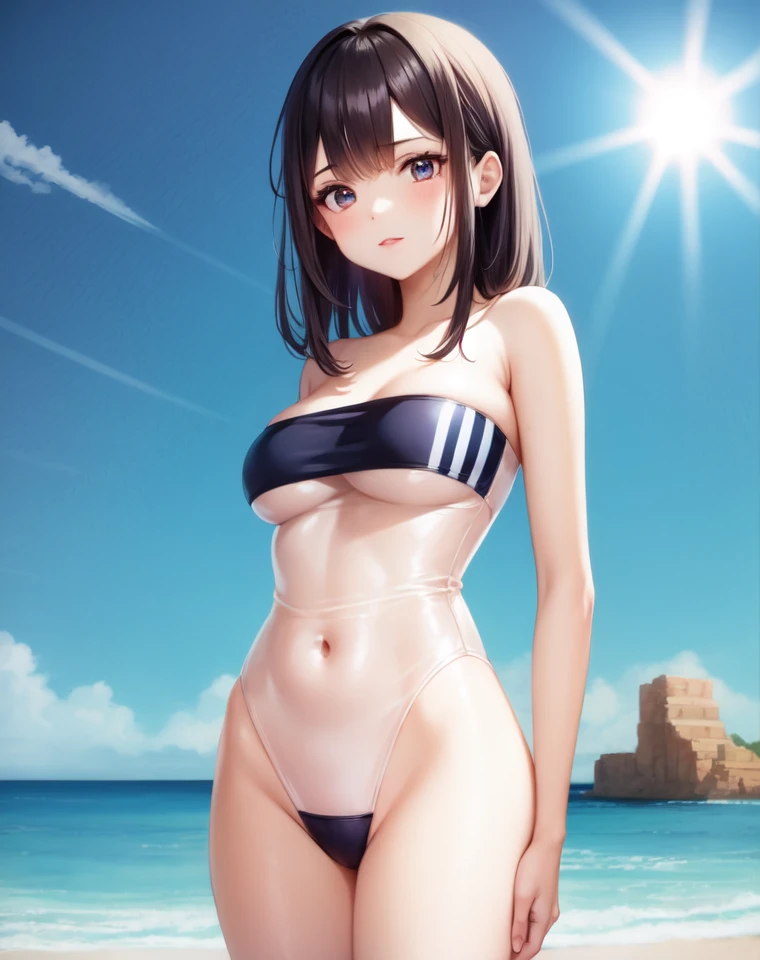 gris swimsuit, standing, outdoors, 1girl, solo, sea, sky, sunlight, cowboy shot,