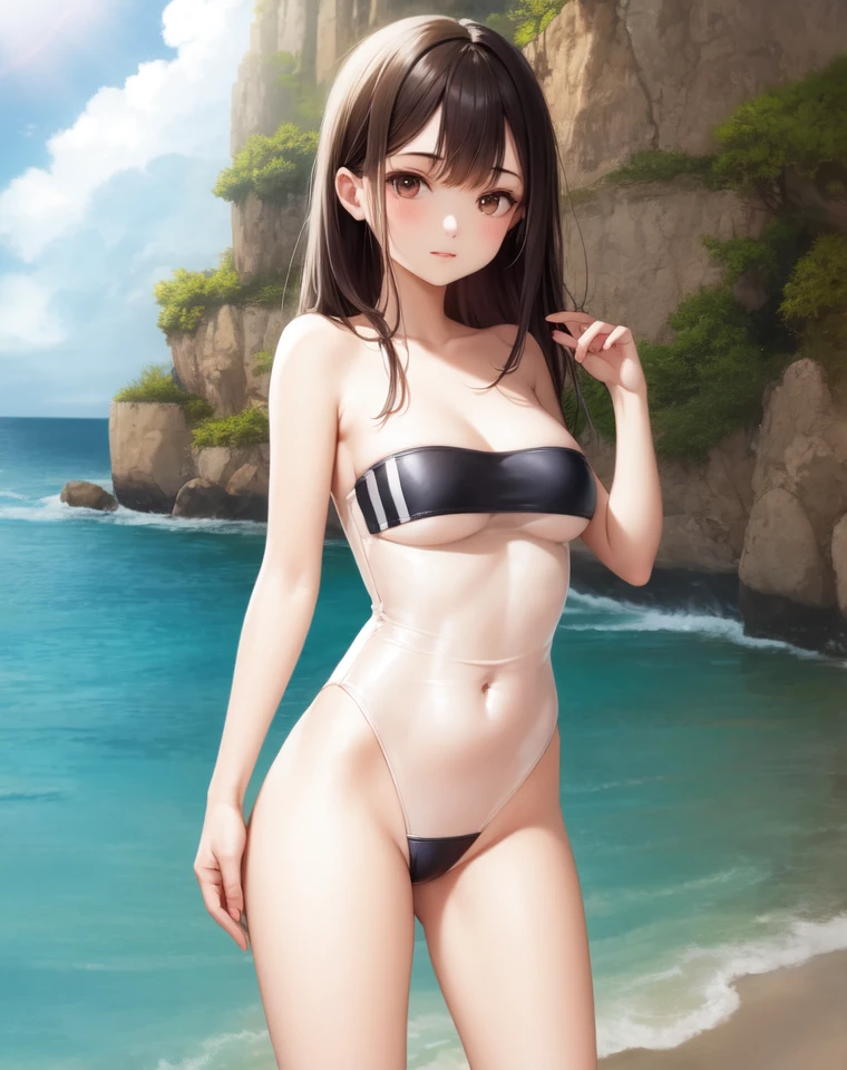 gris swimsuit, standing, outdoors, 1girl, solo, sea, sky, sunlight, cowboy shot,