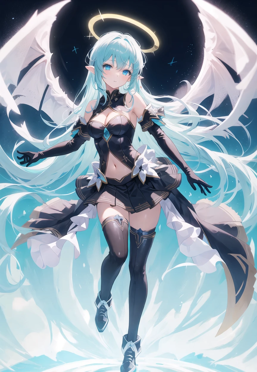 1girl, solo, long hair, gloves, breasts, thighhighs, pointy ears, elbow gloves, wings, navel, white background, halo, simple background, full body, looking at viewer, bare shoulders, blue eyes, very long hair, single thighhigh, skirt, black gloves, black skirt, armpits, aqua hair, cleavage, medium breasts, thighs, bangs, masterpiece, best quality,