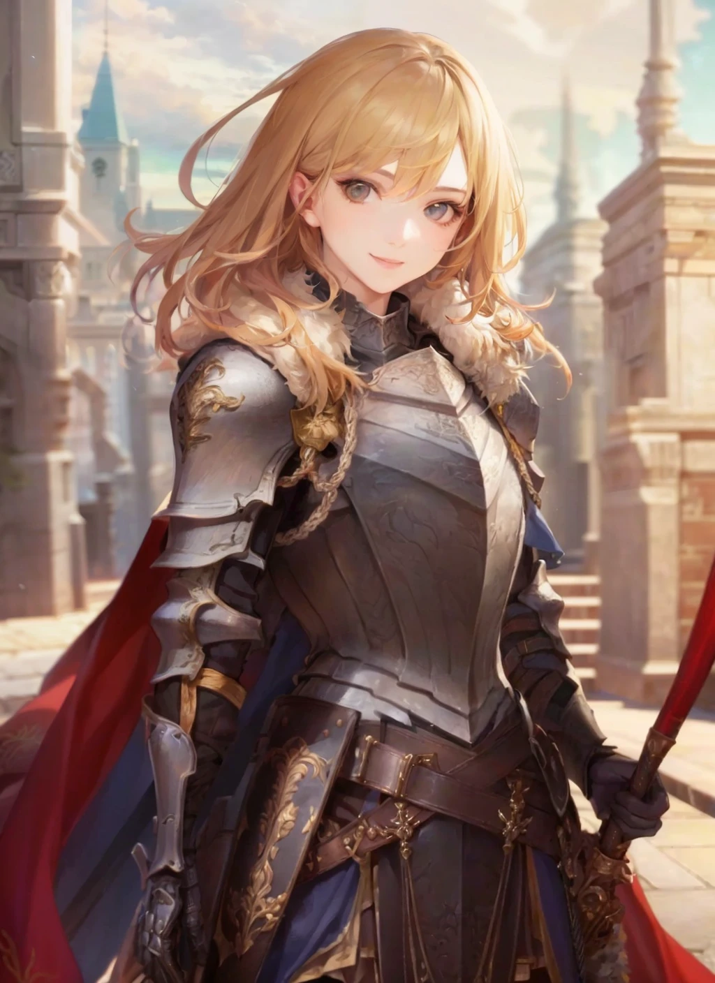 1girl, armor,breastplate,noble, fur ,cape ,smile, extremely detailed,portrait,semi-realistic(masterpiece, best quality:1.1) <lora:adventurers_v1:1>