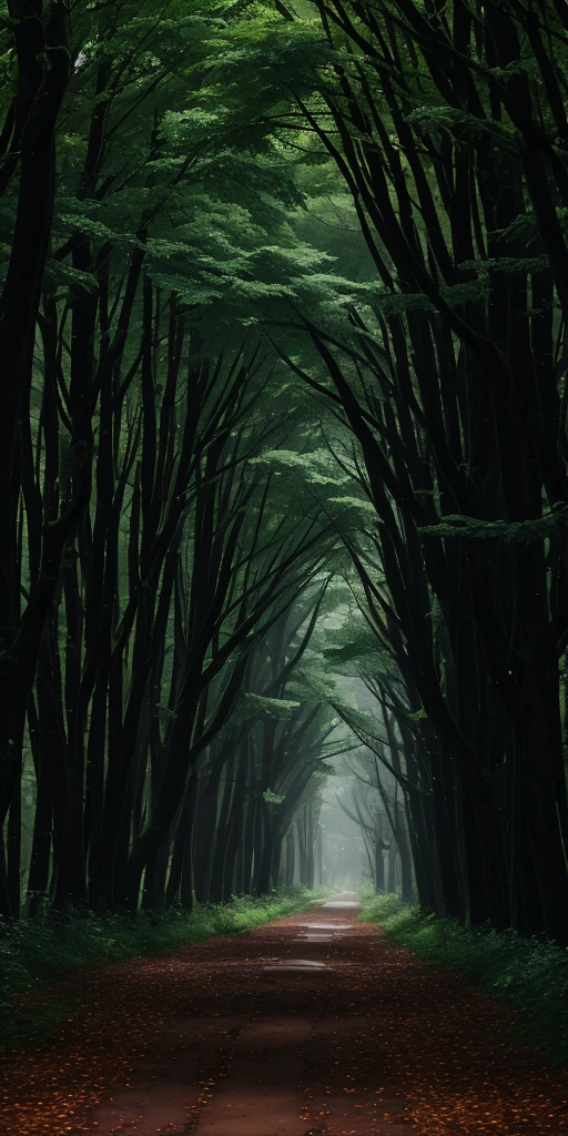 A beautiful forest with tall trees and lush foliage, gentle rain falling on the leaves and forest floor, puddles reflecting the trees and sky, a dirt road winding through the forest, serene and peaceful atmosphere, high quality, extremely detailed CG unity 8k wallpaper, oil painting style, award-winning photography, photorealistic with Bokeh, Depth of Field, HDR, bloom, Chromatic Aberration, intricate and highly detailed, volumetric lighting, depth, atmosphere