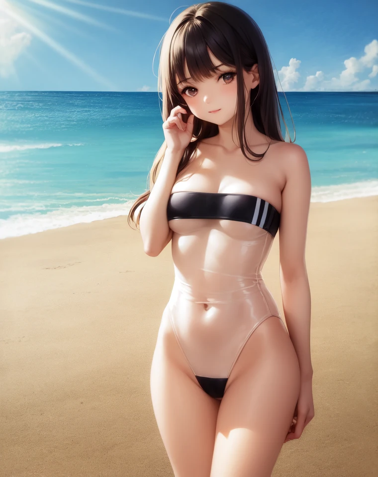 gris swimsuit, standing, outdoors, 1girl, solo, sea, sky, sunlight, cowboy shot,