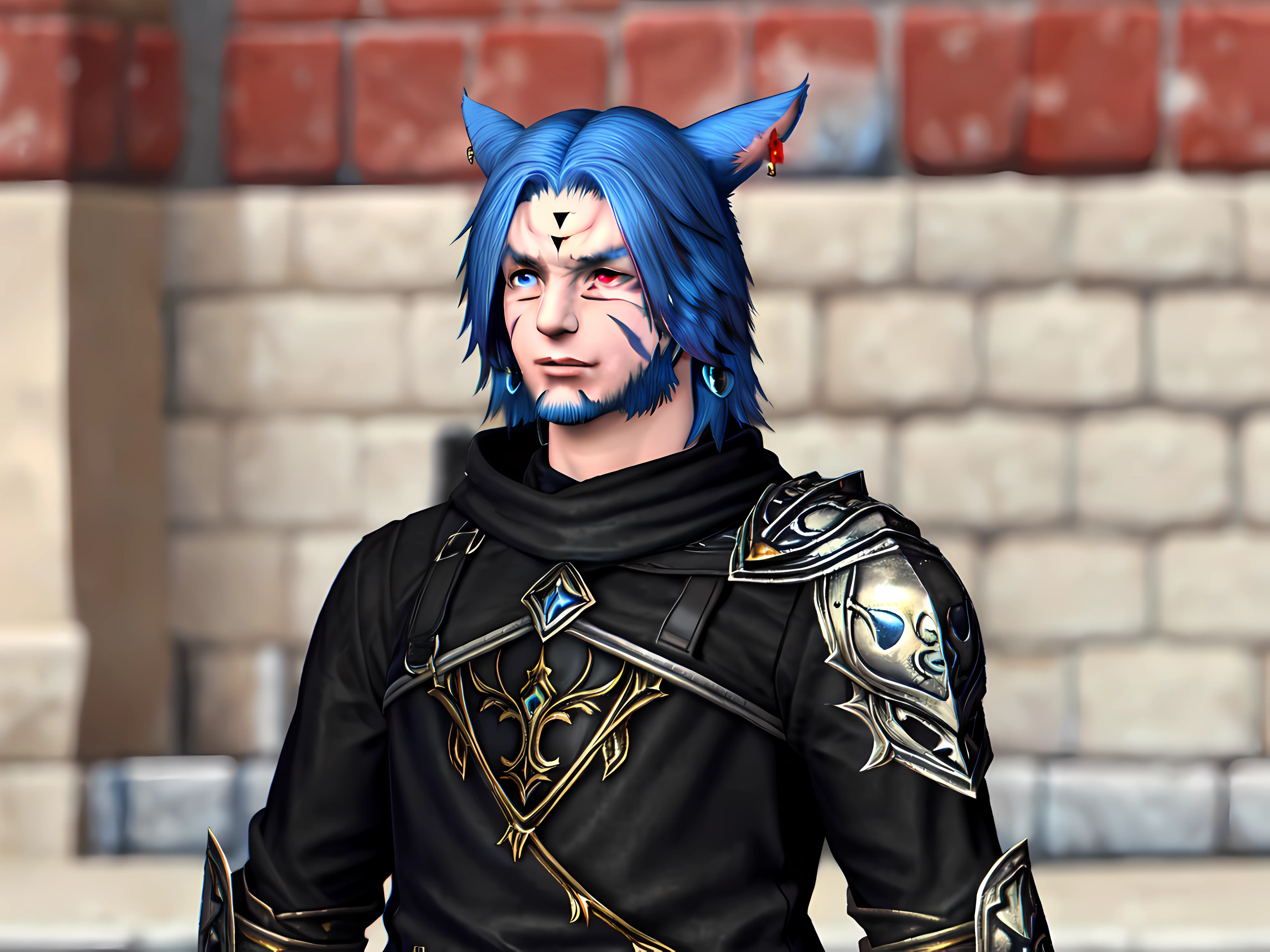 <lora:MaleMiqote:.7>, miqote,1boy, animal ears, male focus, blue hair, solo, facial mark, heterochromia, facial hair, miqo'te, red eyes, jewelry, earrings, looking at viewer, upper body, cat ears, blurry background, blurry, beard, blue eyes, armor, facial tattoo