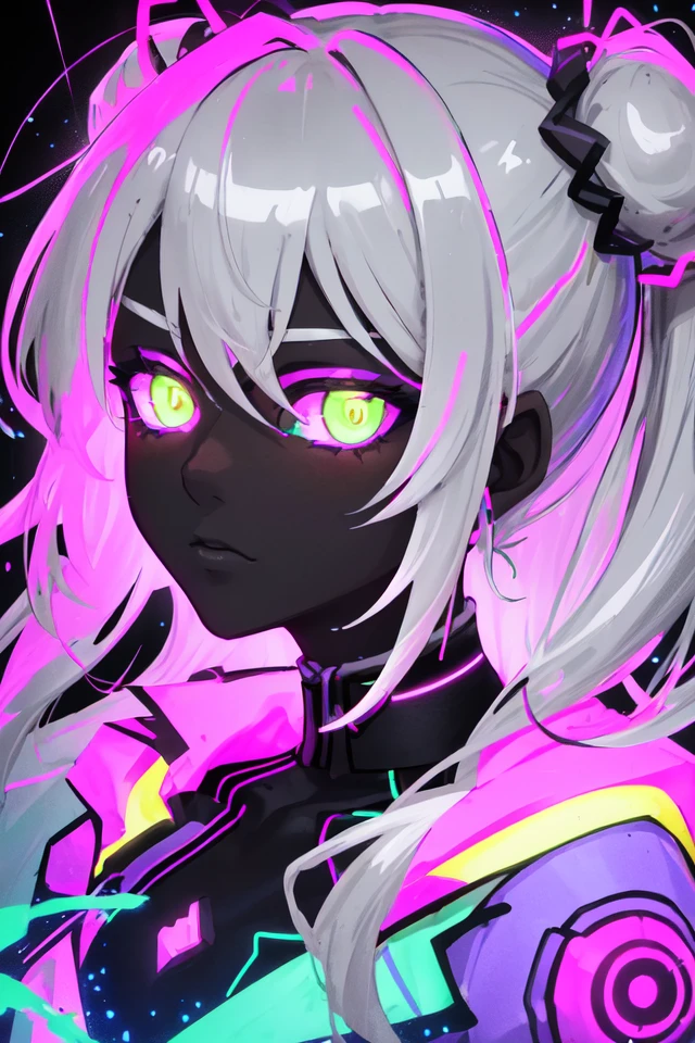 (close-up), portrait, portrait, (solo), (dark skinned:1.3), night time, dark, woman, small breasts, long hair, (grey hair) hair up, masterpiece, best quality, clothes

high contrast, psychedelic, [[[lsd]]],  purple,  silver, particles, bloom, neon lighting, (glow), flat color, splashes of color, colors mashing