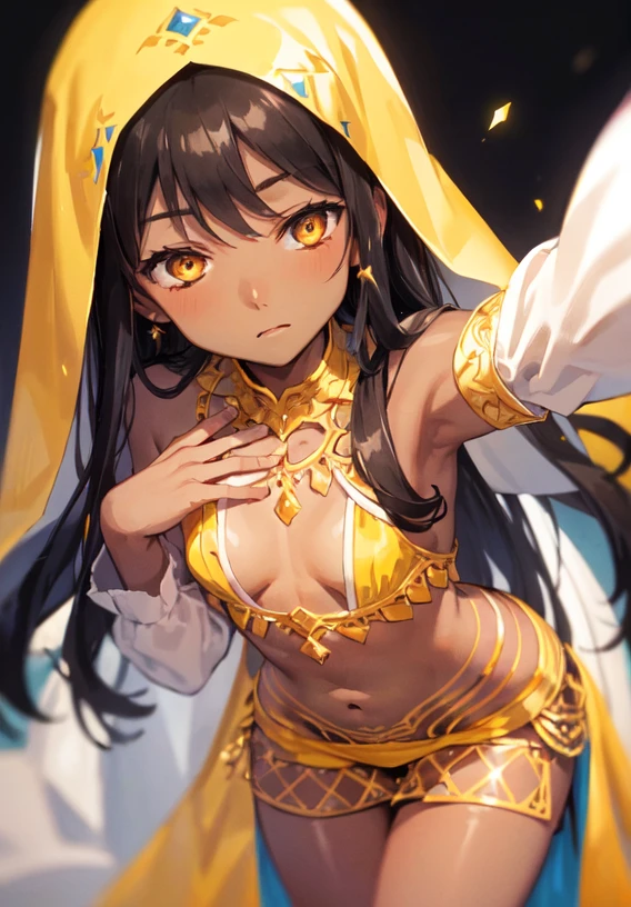 masterpiece, extremely detailed,looking at viewer,leaning forward, 1girl, ((((dark skin)))), long hair, (black hair), yellow eyes, almost closed eyes, ((((small breasts)))), solo, hands on chest, belly dancer outfit,