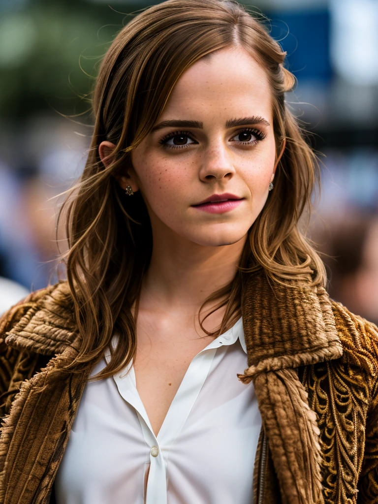 full body photo of Emma Watson walking through crowds at comic-con, extremely high quality RAW photograph, detailed background, intricate, Exquisite details and textures, highly detailed, ultra detailed photograph, warm lighting, artstation, 4k, sharp focus, high resolution, detailed skin, detailed eyes, 8k uhd, dslr, high quality, film grain, Fujifilm XT3,