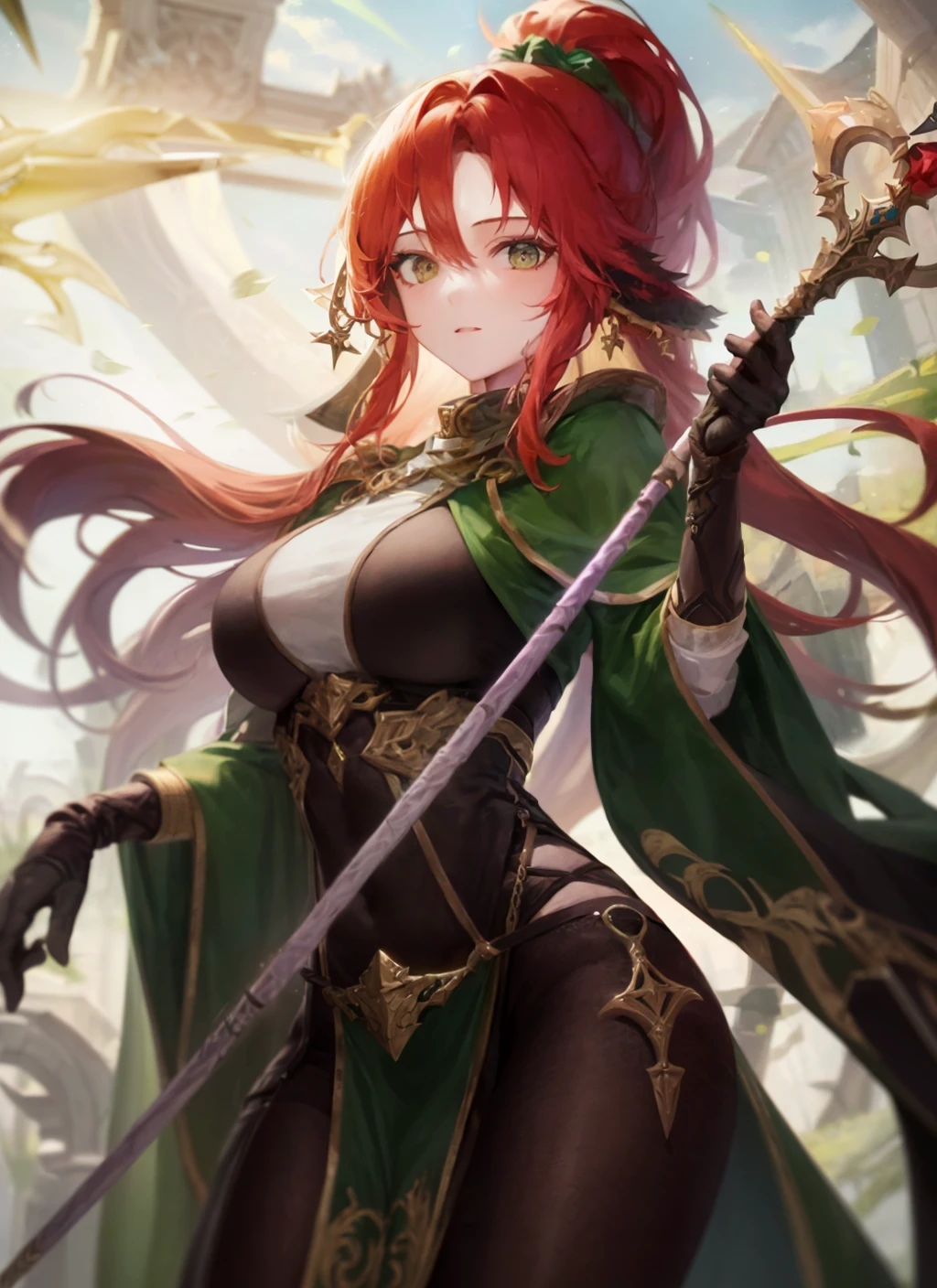1girl,woman,druid, green robe,(magic staff:1.1),extremely detailed,holding weapon(masterpiece, best quality:1.2)<lora:adventurers_v1:1>